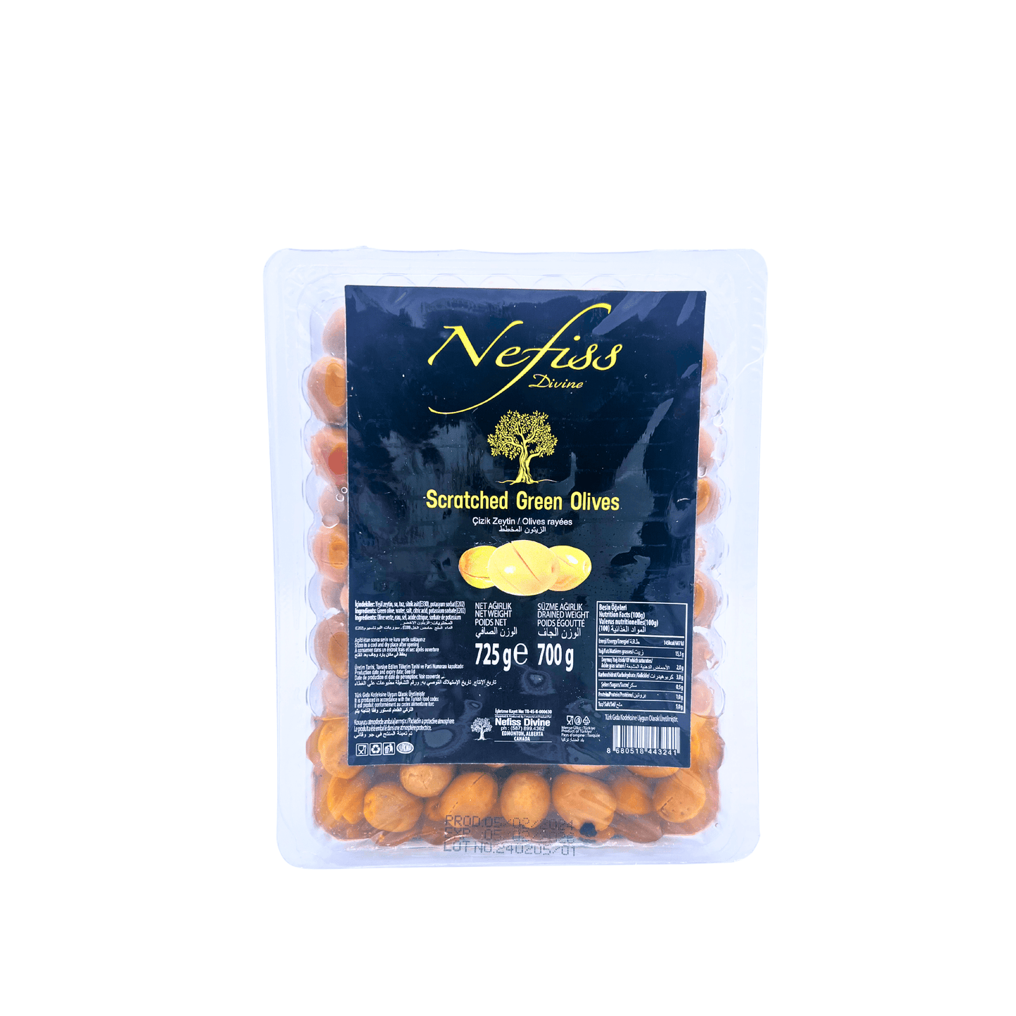 Nefiss Divine: Scratched Green Olives, 725 g